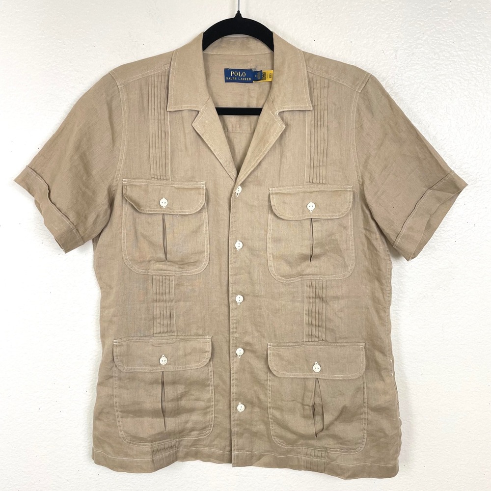 Polo Ralph Lauren Womens Shirt Sz 12 %100 Linen Pintuck Safari Resort Utility